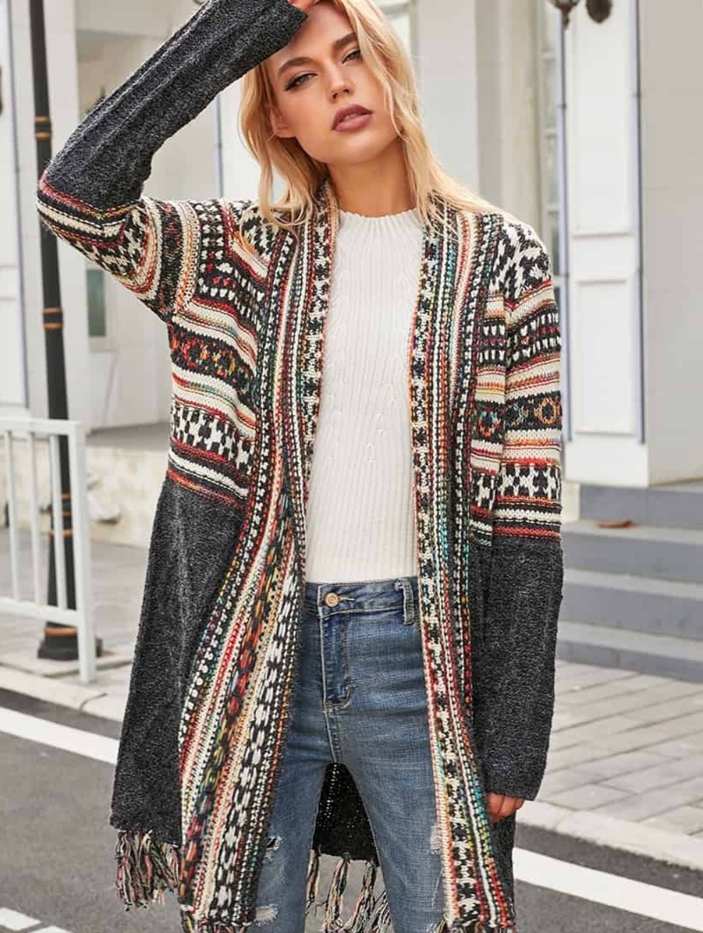 ROLLA'S Gray Multi Fair Isle Fringe Open-Front Cardigan